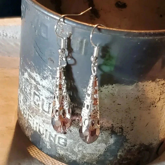 Handcrafted Caged Filigree Faceted Purple Crystal Silver Teardrop Earrings - Picture 1 of 8